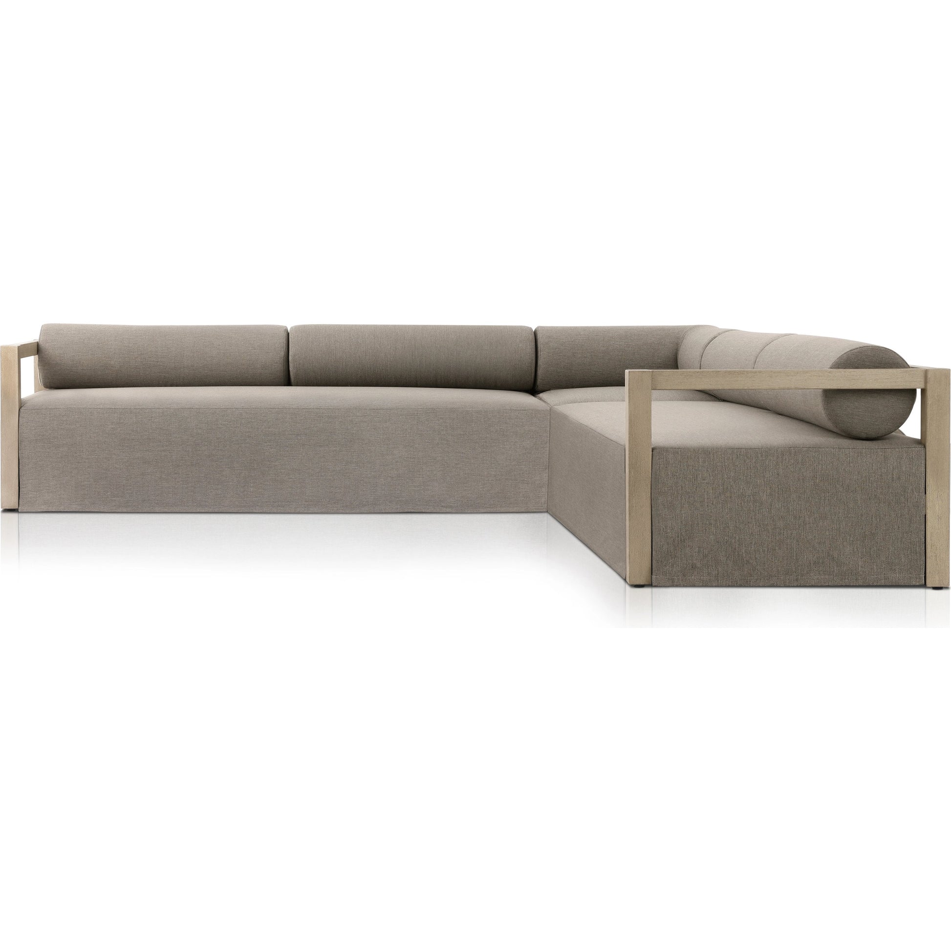 Laskin Outdoor 3-Piece Sectional by Four Hands in alessi fawn and washed brown. Made from 100% polypropylene, solid fsc®-certified teak, 91% polyurethane foam pad, 9% polyester fiber batting in a modern style.