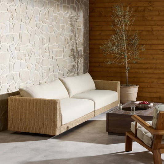 Sylvan Outdoor 2-Piece Sectional by Four Hands in casa cream, dove taupe, faux hyacinth. Made from 100% olefin, aluminum, 100% polyethylene in a modern style.