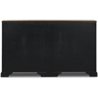 The Humptulips River Moonshine Cabinet by Four Hands in distressed burnt black. Made from pine veneer, solid pine in a modern style.