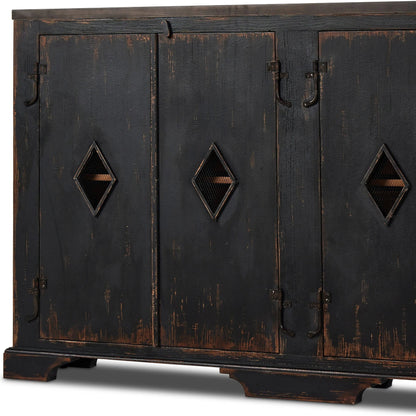 The Humptulips River Moonshine Cabinet by Four Hands in distressed burnt black. Made from pine veneer, solid pine in a modern style.