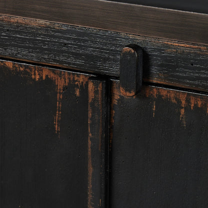 The Humptulips River Moonshine Cabinet by Four Hands in distressed burnt black. Made from pine veneer, solid pine in a modern style.