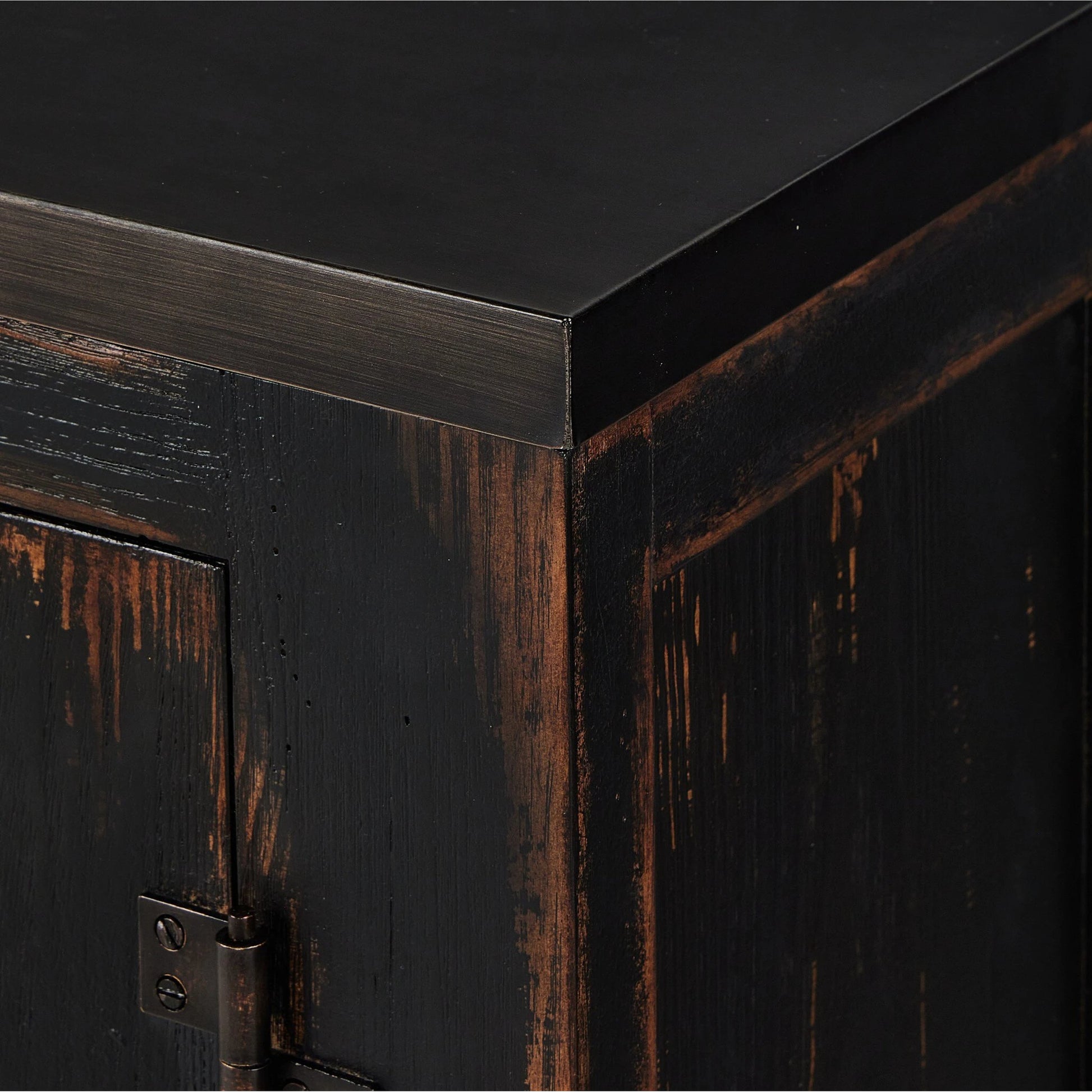 The Humptulips River Moonshine Cabinet by Four Hands in distressed burnt black. Made from pine veneer, solid pine in a modern style.