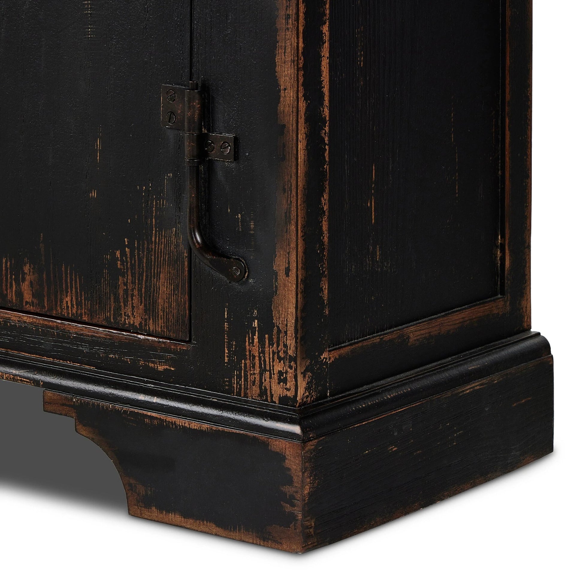 The Humptulips River Moonshine Cabinet by Four Hands in distressed burnt black. Made from pine veneer, solid pine in a modern style.