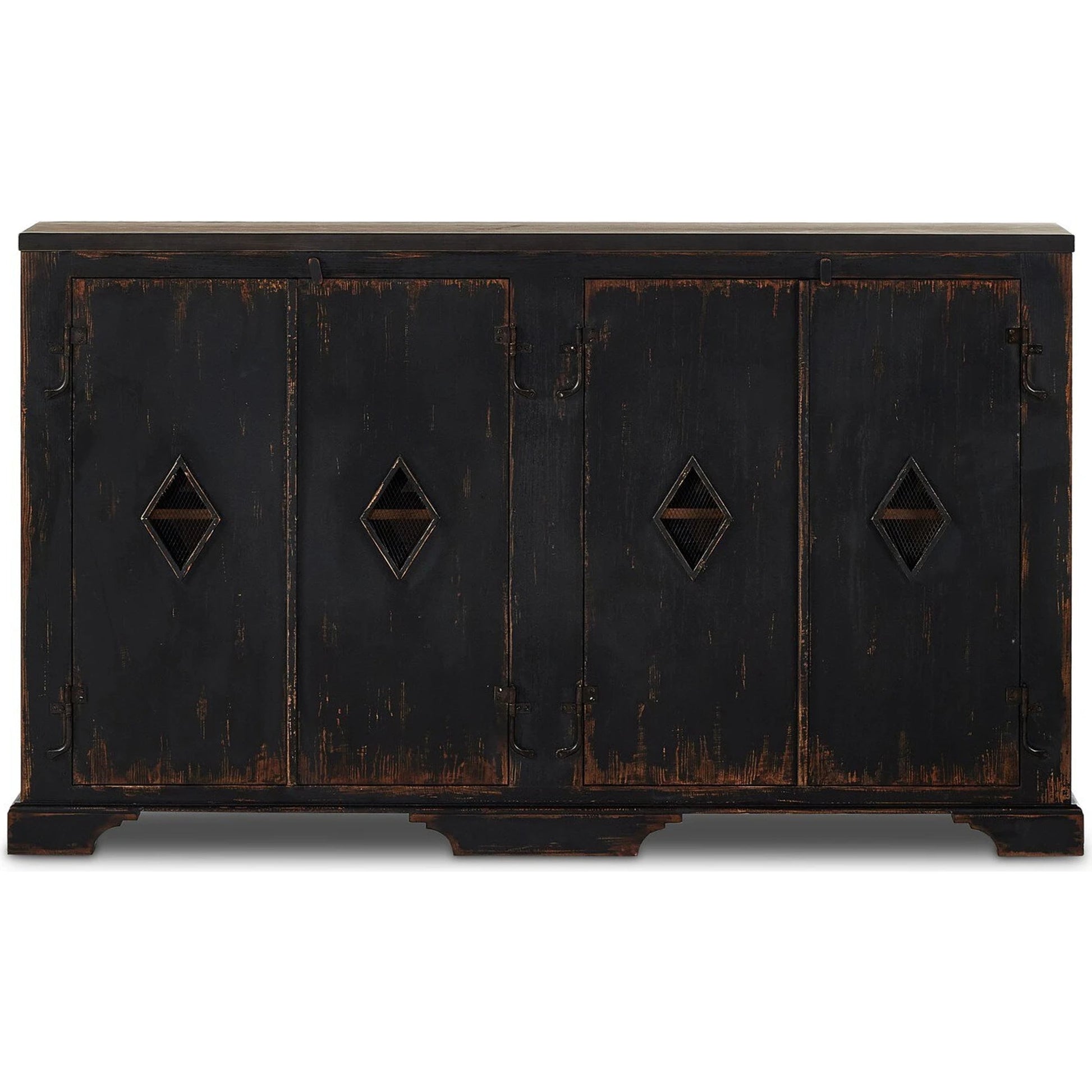 The Humptulips River Moonshine Cabinet by Four Hands in distressed burnt black. Made from pine veneer, solid pine in a modern style.