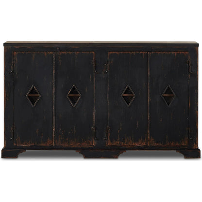 The Humptulips River Moonshine Cabinet by Four Hands in distressed burnt black. Made from pine veneer, solid pine in a modern style.