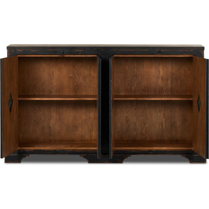 The Humptulips River Moonshine Cabinet by Four Hands in distressed burnt black. Made from pine veneer, solid pine in a modern style.