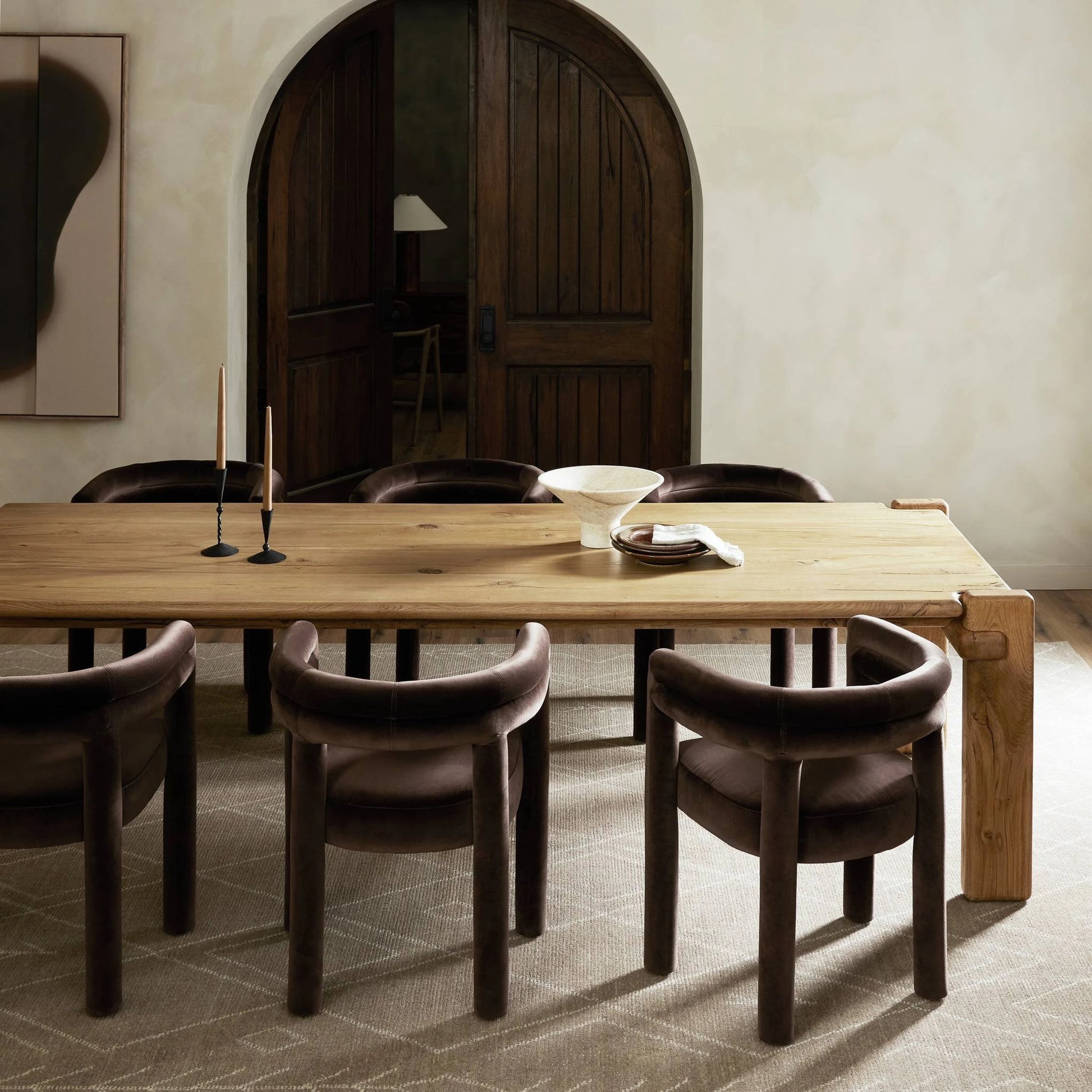 Marcia Dining Table by Four Hands in natural reclaimed french oak. Made from solid reclaimed oak in a modern style.