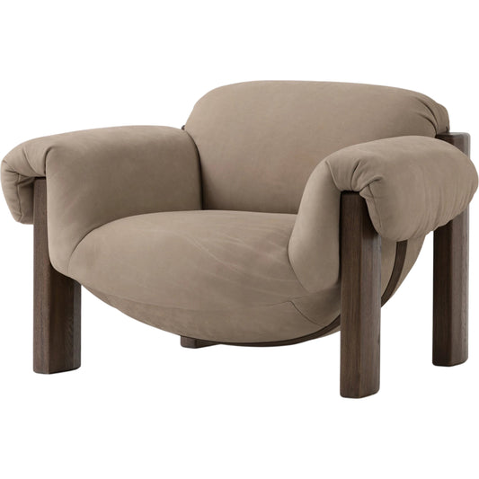 Samena Chair by Four Hands in nubuck nude, nubuck cigar and dark oak. Made from top grain leather, solid oak in a modern style.