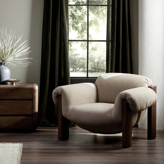 Samena Chair by Four Hands in nubuck nude, nubuck cigar and dark oak. Made from top grain leather, solid oak in a modern style.