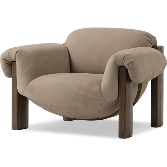 Samena Chair by Four Hands in nubuck nude, nubuck cigar and dark oak. Made from top grain leather, solid oak in a modern style.