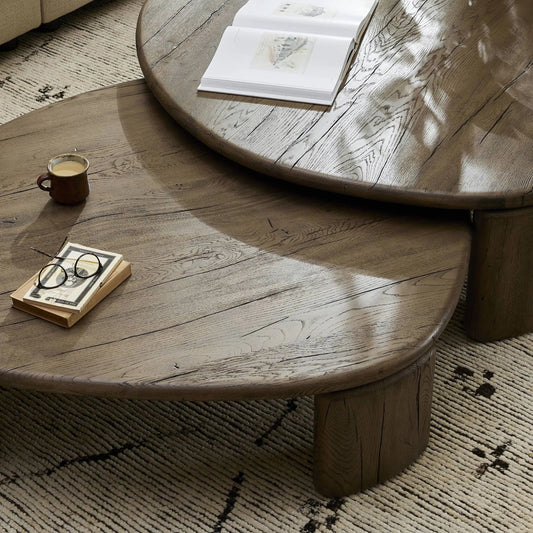 Falco Nesting Tables by Four Hands in grey reclaimed french oak. Made from solid reclaimed oak in a traditional style.