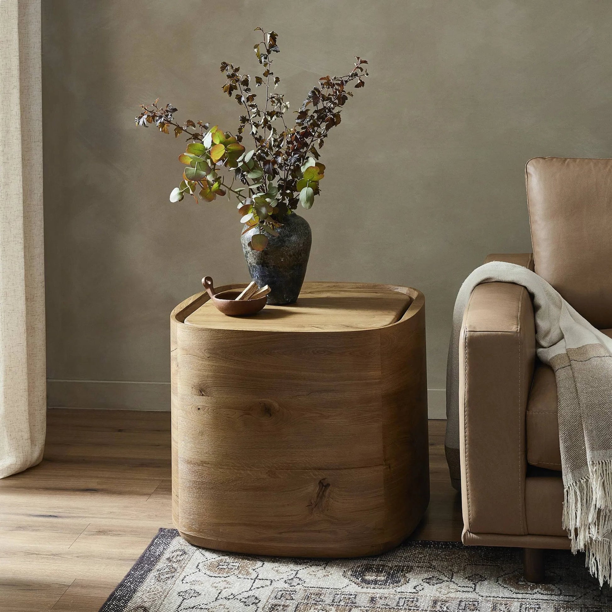 Leandro End Table by Four Hands in natural reclaimed french oak. Made from solid reclaimed oak in a unique style.