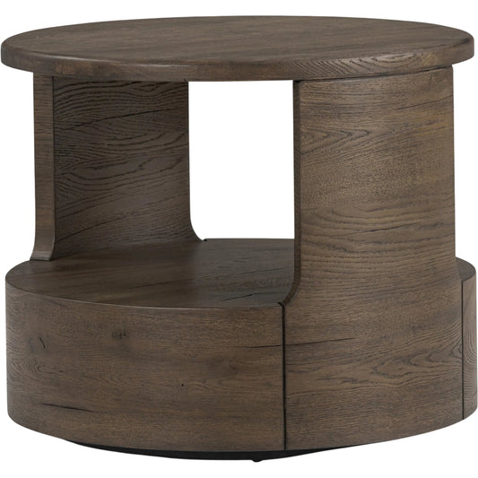Matheus End Table by Four Hands. Made from solid reclaimed oak in a modern style.