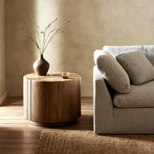 Renan End Table by Four Hands in natural reclaimed french oak. Made from solid reclaimed oak in a modern style.
