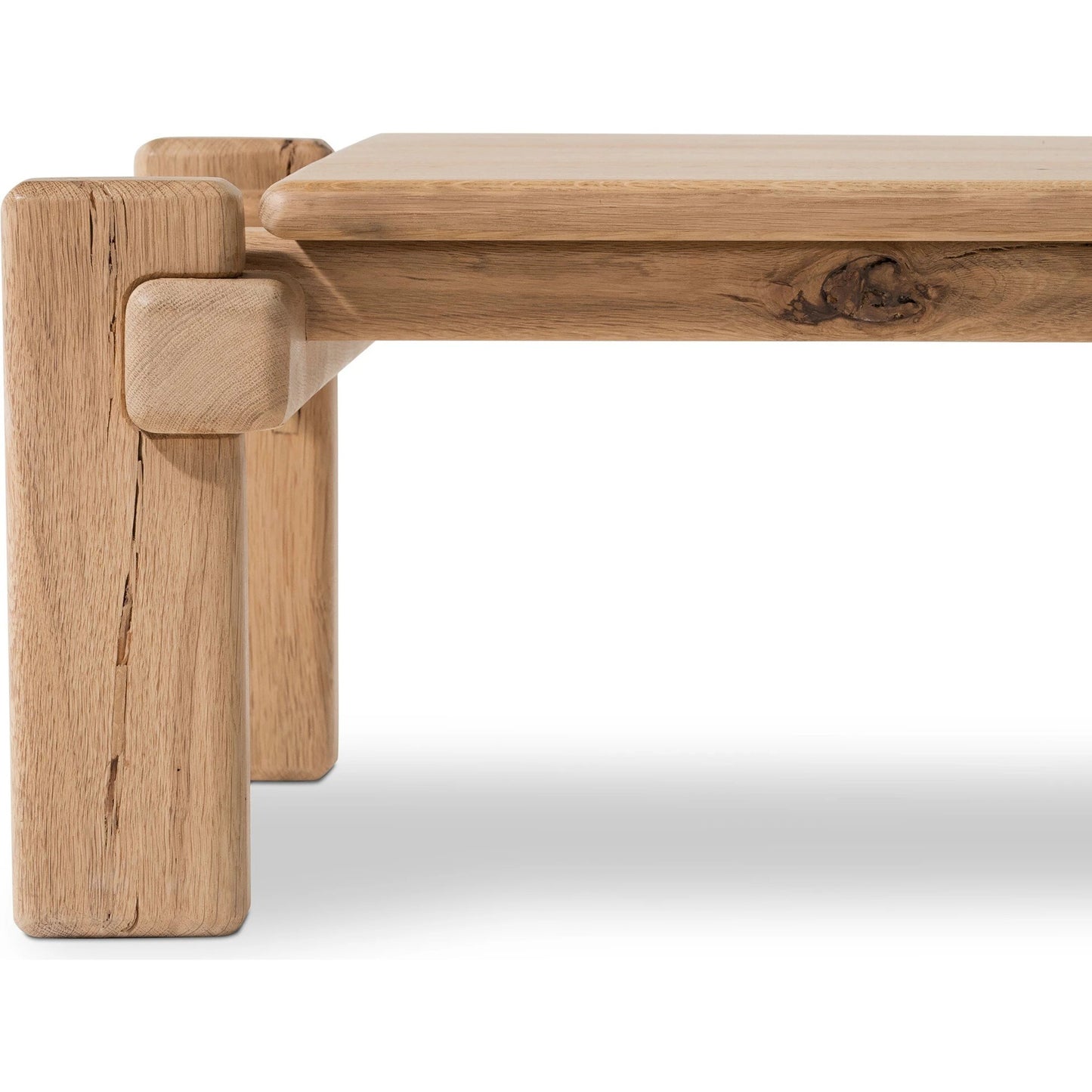 004 SI-2137485 | Closeup | Marcia Large Coffee Table by Four Hands in natural reclaimed french oak. Made from solid reclaimed oak in a modern style.