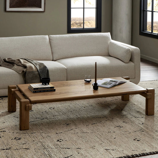 Marcia Large Coffee Table by Four Hands in natural reclaimed french oak. Made from solid reclaimed oak in a modern style.