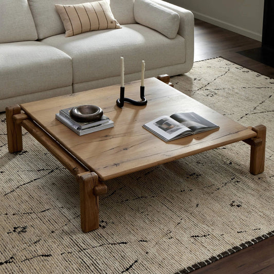 Marcia Square Coffee Table by Four Hands in natural reclaimed french oak. Made from solid reclaimed oak in a modern style.