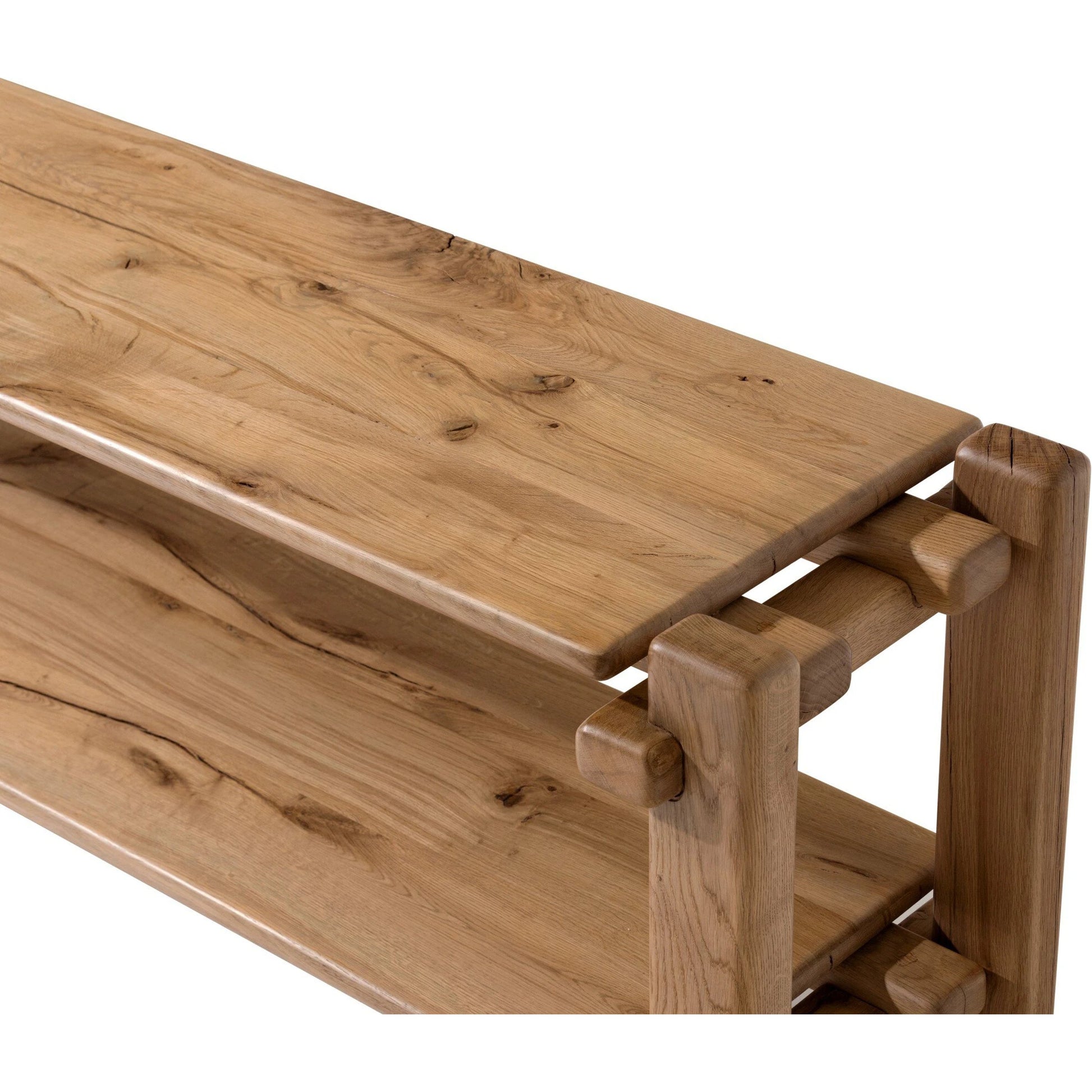 Marcia Low Console Table by Four Hands in natural reclaimed french oak. Made from solid reclaimed oak in a modern style.
