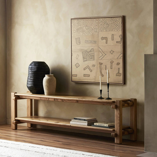 Marcia Low Console Table by Four Hands in natural reclaimed french oak. Made from solid reclaimed oak in a modern style.