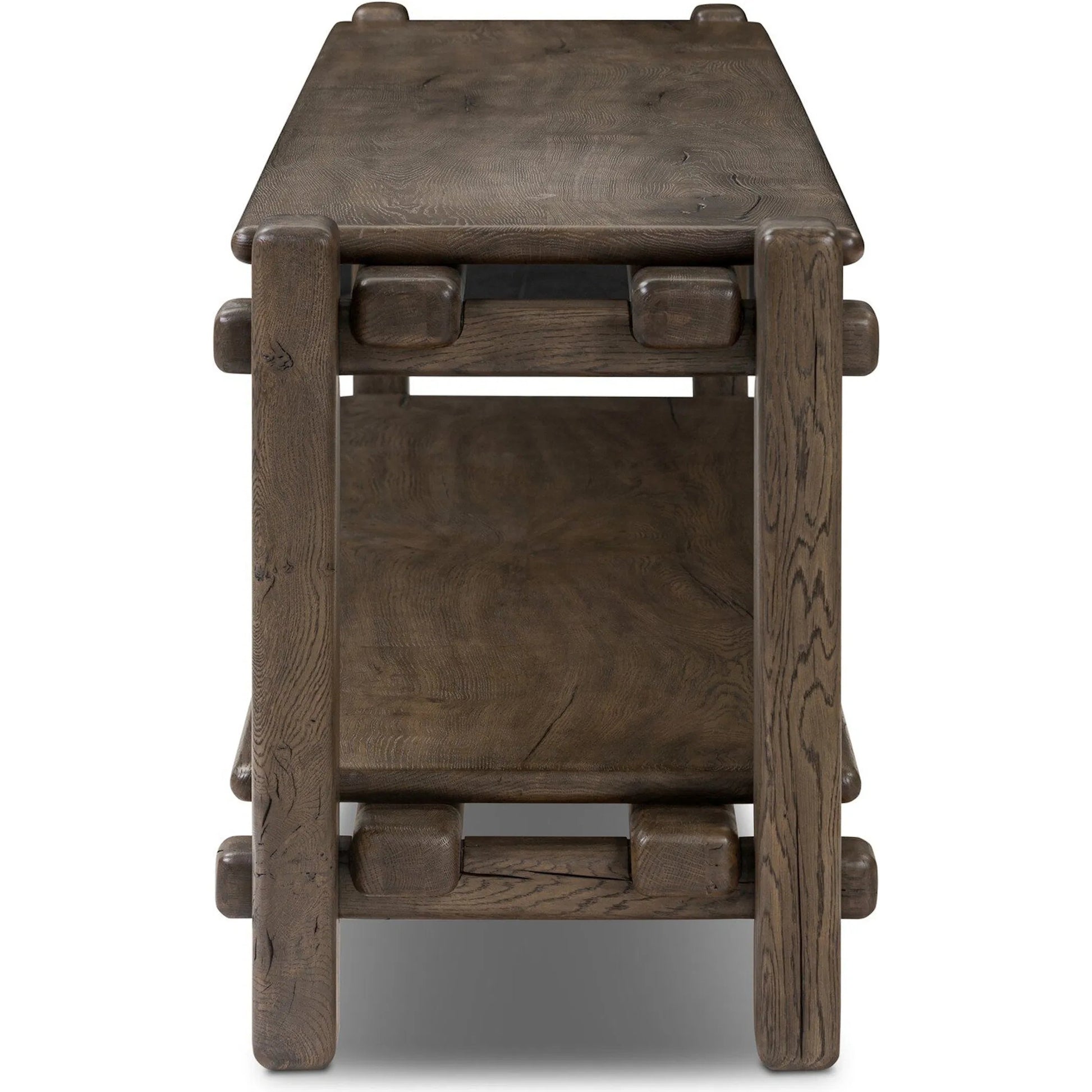 Marcia Low Console Table by Four Hands in natural reclaimed french oak. Made from solid reclaimed oak in a modern style.