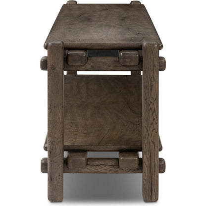 Marcia Low Console Table by Four Hands in natural reclaimed french oak. Made from solid reclaimed oak in a modern style.