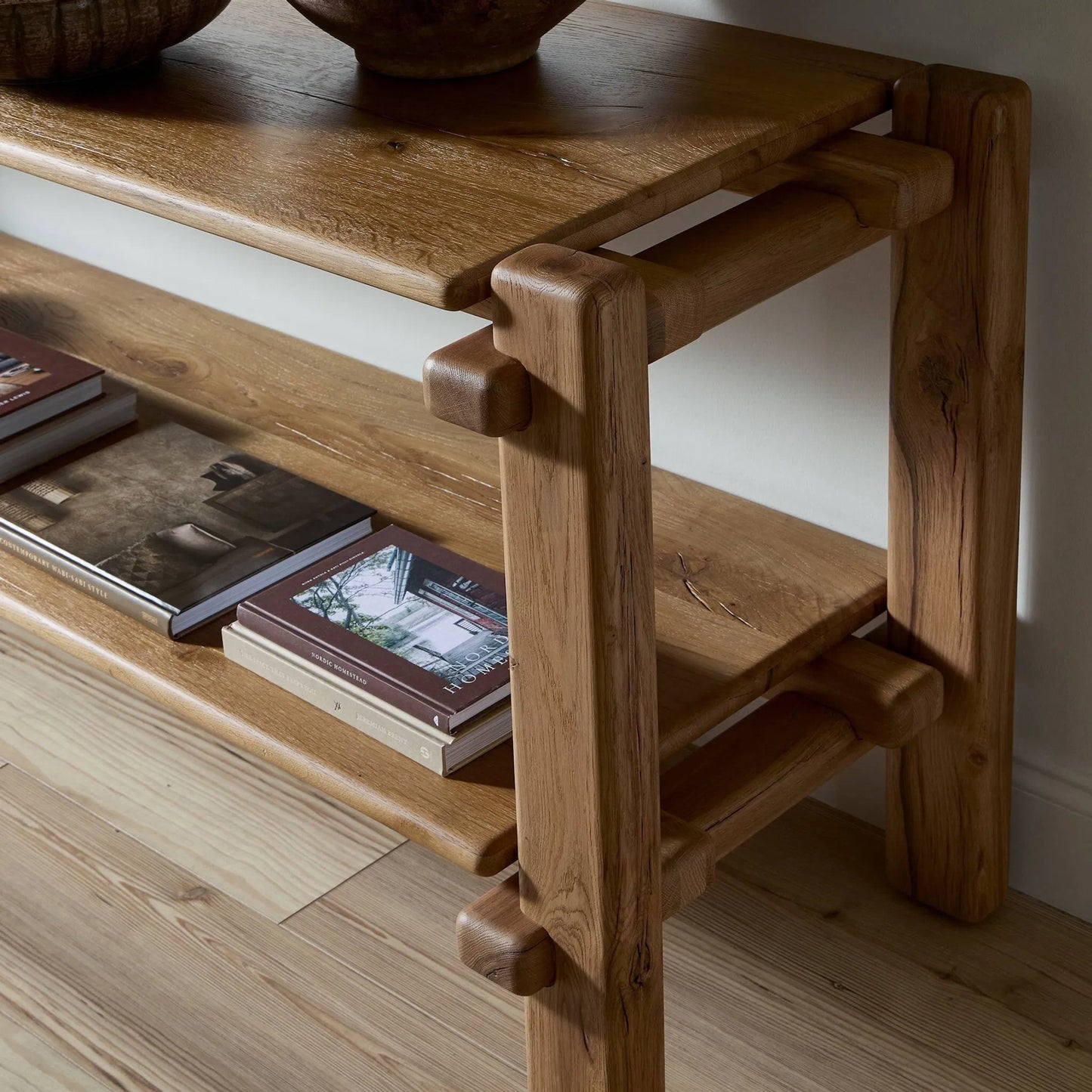 010 SI-2137482 | Closeup | Marcia Console Table by Four Hands in natural reclaimed french oak. Made from solid reclaimed oak in a modern style.