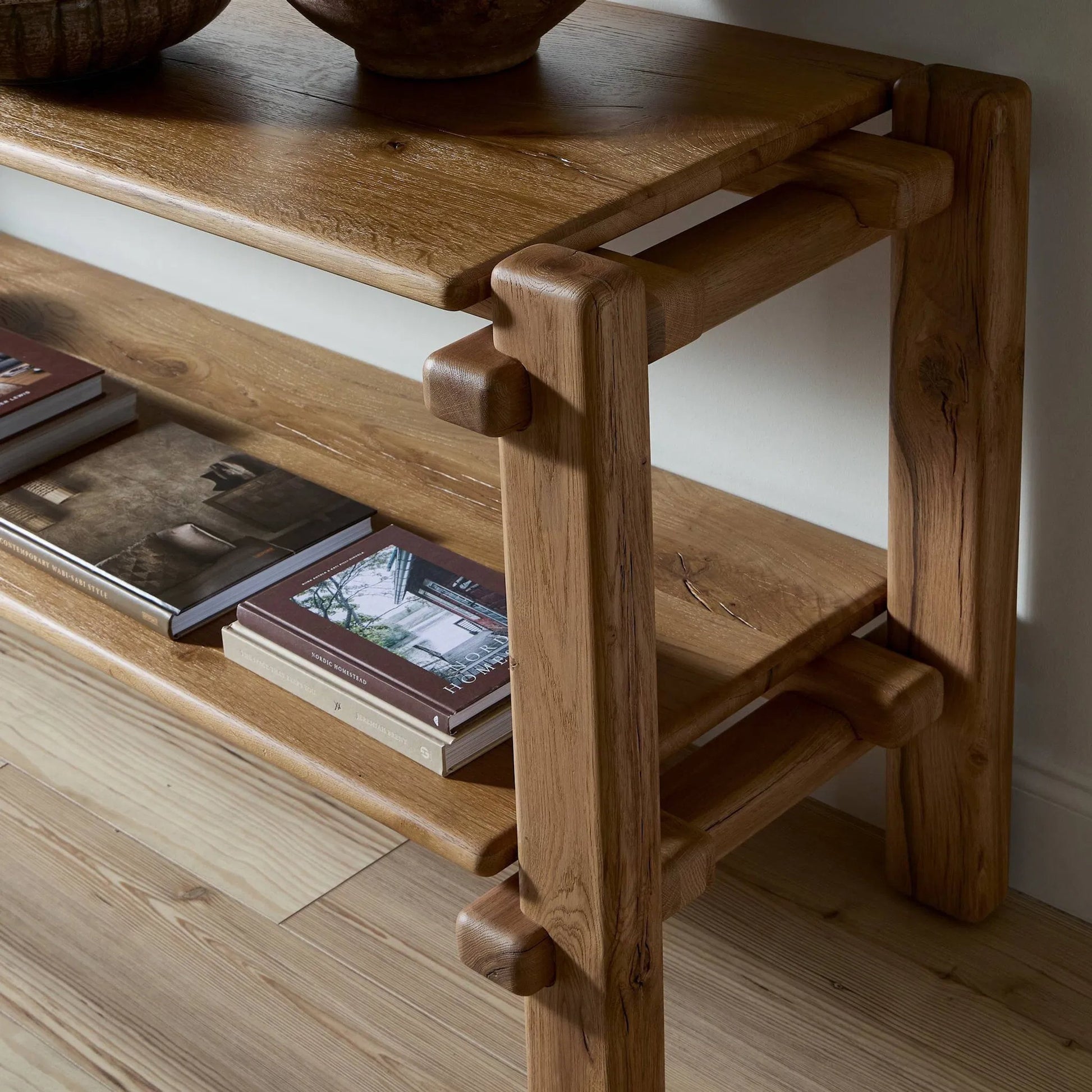 Marcia Console Table by Four Hands in natural reclaimed french oak. Made from solid reclaimed oak in a modern style.
