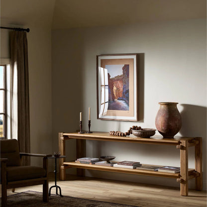 Marcia Console Table by Four Hands in natural reclaimed french oak. Made from solid reclaimed oak in a modern style.