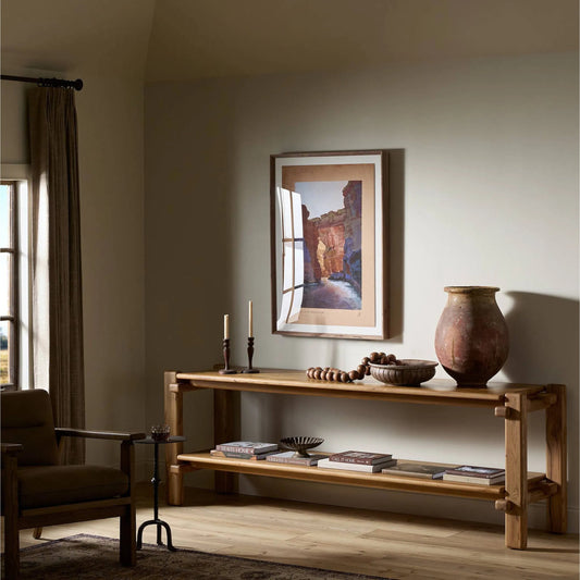 Marcia Console Table by Four Hands in natural reclaimed french oak. Made from solid reclaimed oak in a modern style.