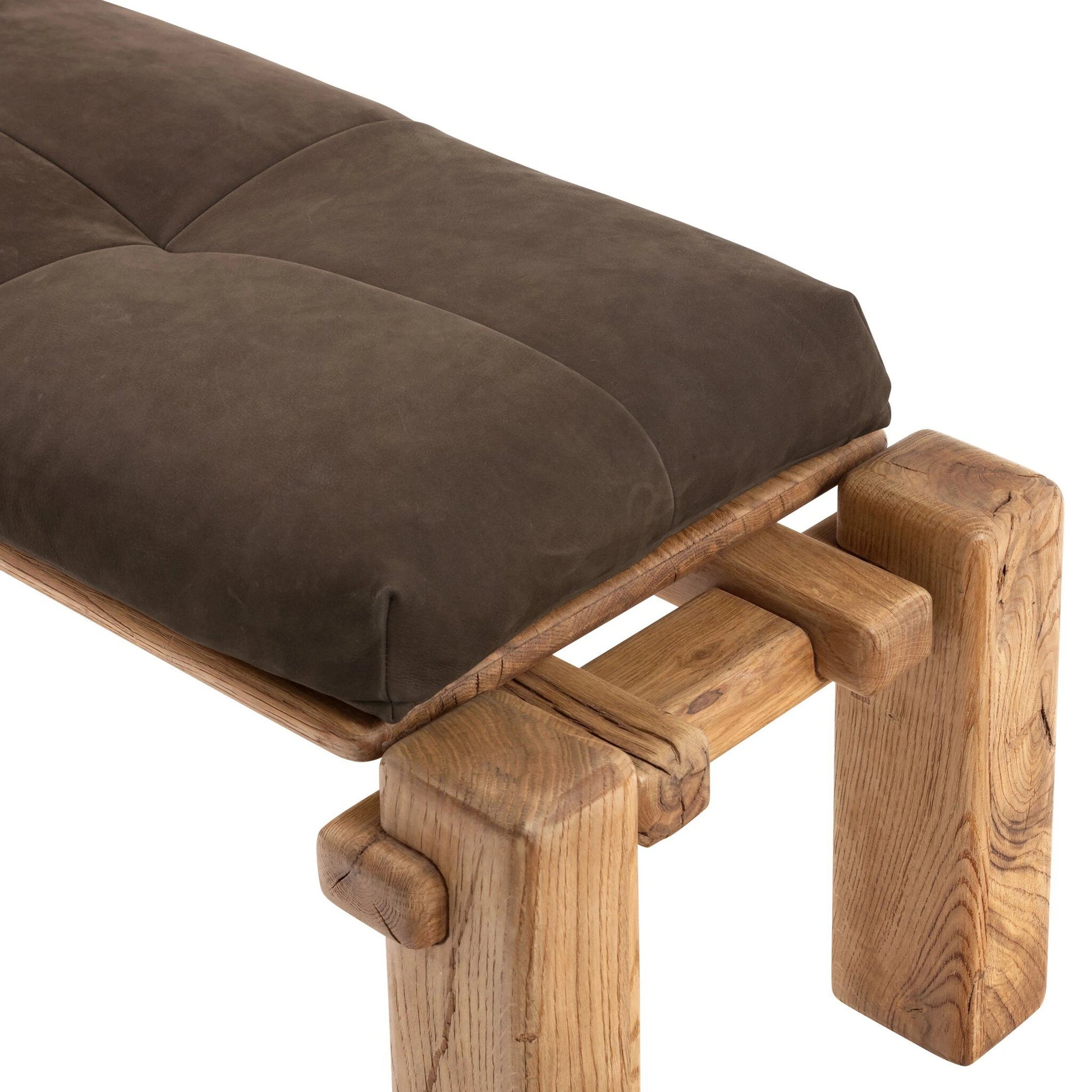 Marcia Accent Bench by Four Hands in nubuck cigar and natural reclaimed french oak. Made from top grain leather, solid reclaimed oak, 95% polyurethane foam, 5% fiber in a modern style.