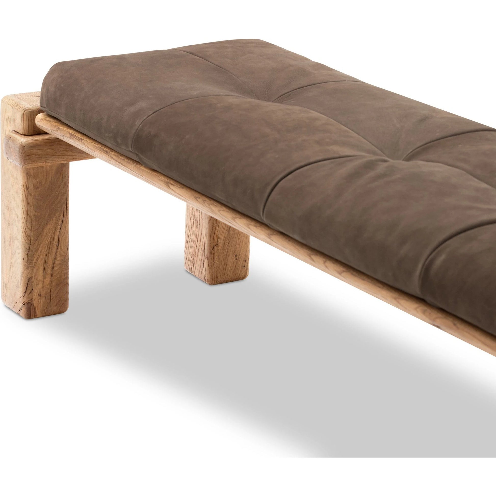 Marcia Accent Bench by Four Hands in nubuck cigar and natural reclaimed french oak. Made from top grain leather, solid reclaimed oak, 95% polyurethane foam, 5% fiber in a modern style.