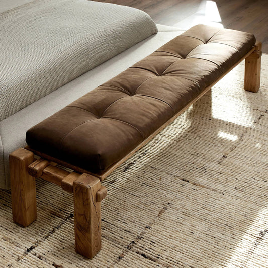Marcia Accent Bench by Four Hands in nubuck cigar and natural reclaimed french oak. Made from top grain leather, solid reclaimed oak, 95% polyurethane foam, 5% fiber in a modern style.