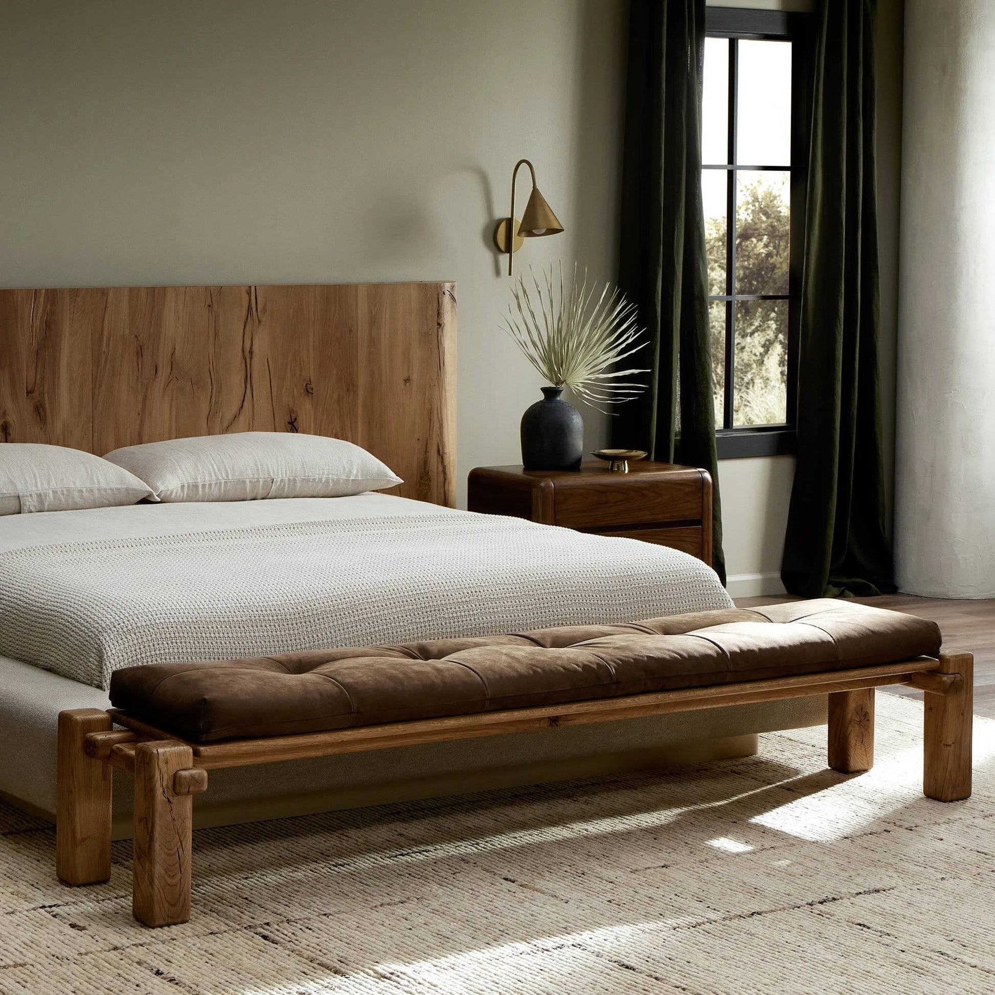Marcia Accent Bench by Four Hands in nubuck cigar and natural reclaimed french oak. Made from top grain leather, solid reclaimed oak, 95% polyurethane foam, 5% fiber in a modern style.