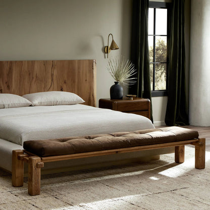Marcia Accent Bench by Four Hands in nubuck cigar and natural reclaimed french oak. Made from top grain leather, solid reclaimed oak, 95% polyurethane foam, 5% fiber in a modern style.