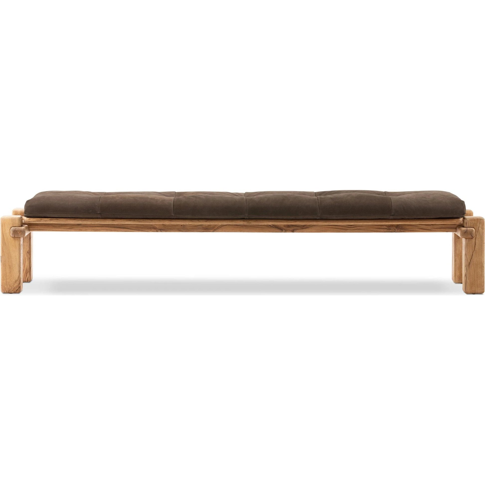 Marcia Accent Bench by Four Hands in nubuck cigar and natural reclaimed french oak. Made from top grain leather, solid reclaimed oak, 95% polyurethane foam, 5% fiber in a modern style.