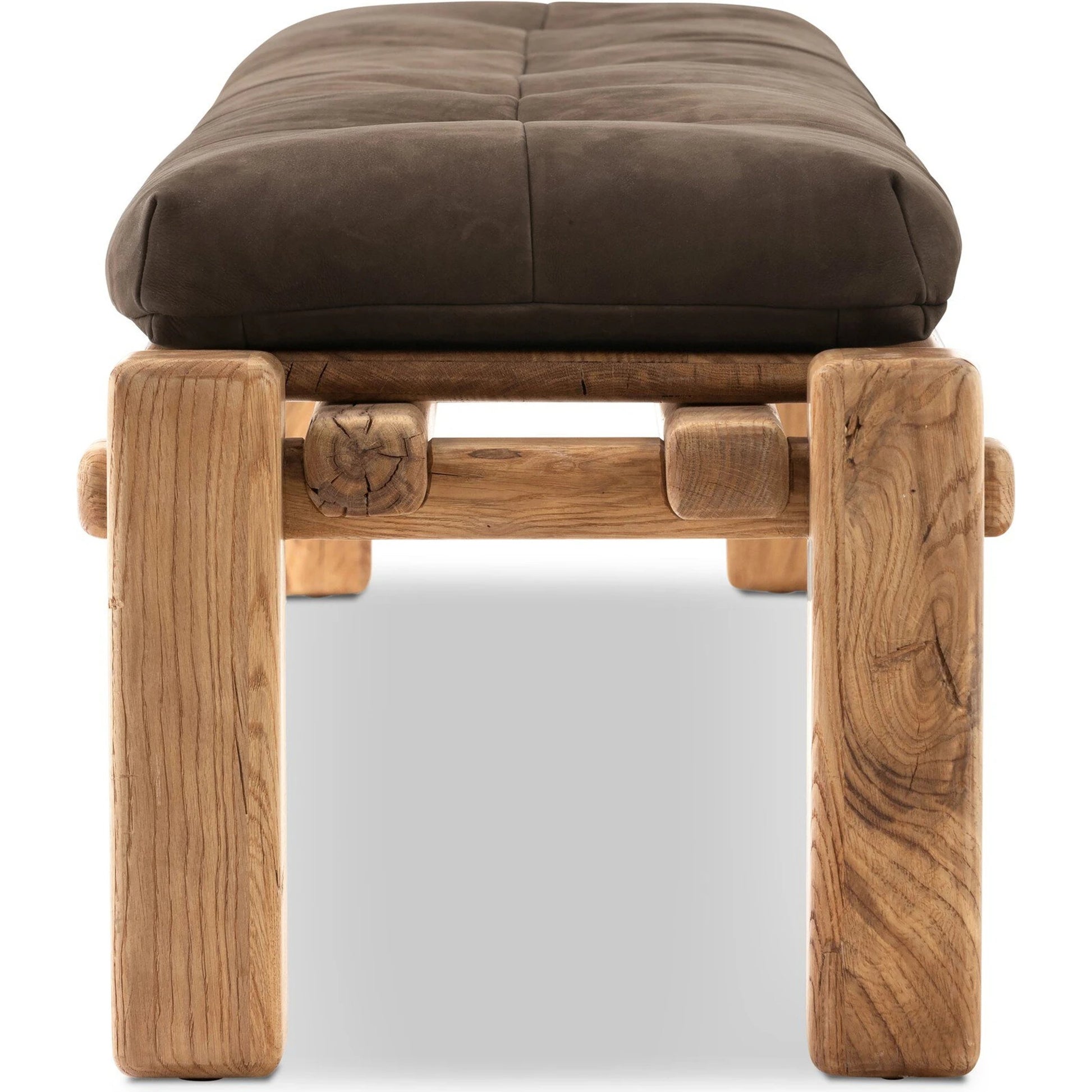 Marcia Accent Bench by Four Hands in nubuck cigar and natural reclaimed french oak. Made from top grain leather, solid reclaimed oak, 95% polyurethane foam, 5% fiber in a modern style.