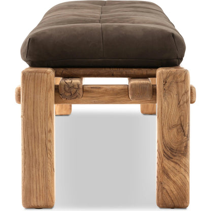 Marcia Accent Bench by Four Hands in nubuck cigar and natural reclaimed french oak. Made from top grain leather, solid reclaimed oak, 95% polyurethane foam, 5% fiber in a modern style.