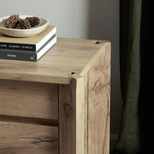 Cassio Nightstand by Four Hands in natural reclaimed french oak. Made from solid reclaimed oak, brass in a modern style.