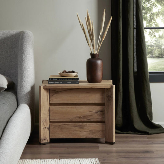 Cassio Nightstand by Four Hands in natural reclaimed french oak. Made from solid reclaimed oak, brass in a modern style.