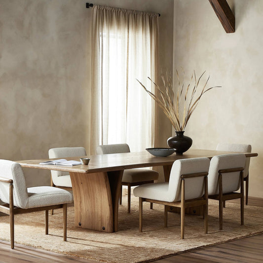 Marcon Dining Table by Four Hands in natural reclaimed french oak. Made from solid reclaimed oak, brass in a modern style.