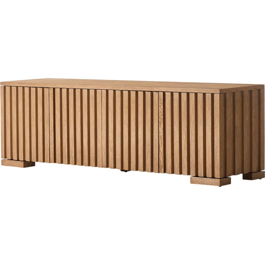 Ramos Media Console by Four Hands in bleached oak. Made from thick oak veneer, solid oak in a modern style.