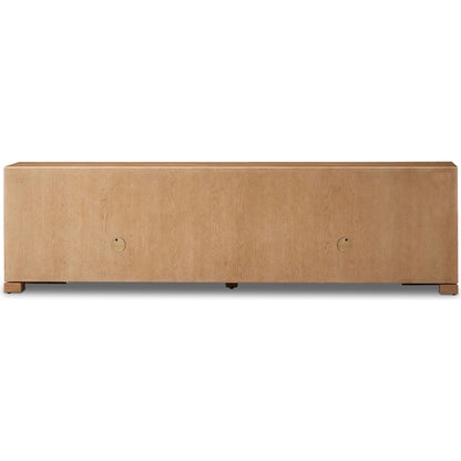 Ramos Media Console by Four Hands in bleached oak. Made from thick oak veneer, solid oak in a modern style.