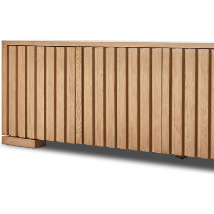 Ramos Media Console by Four Hands in bleached oak. Made from thick oak veneer, solid oak in a modern style.