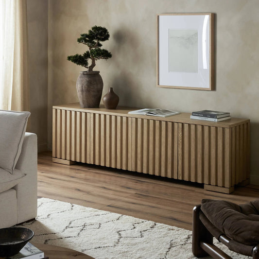 Ramos Media Console by Four Hands in bleached oak. Made from thick oak veneer, solid oak in a modern style.