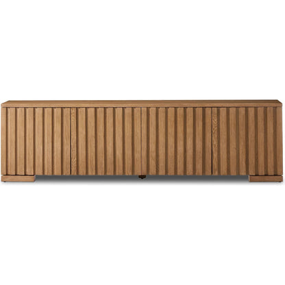 Ramos Media Console by Four Hands in bleached oak. Made from thick oak veneer, solid oak in a modern style.