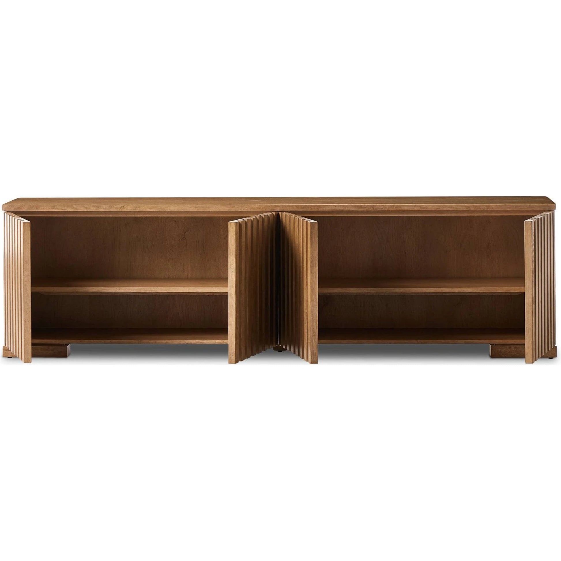 Ramos Media Console by Four Hands in bleached oak. Made from thick oak veneer, solid oak in a modern style.