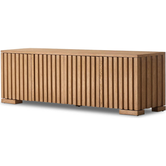 Ramos Media Console by Four Hands in bleached oak. Made from thick oak veneer, solid oak in a modern style.