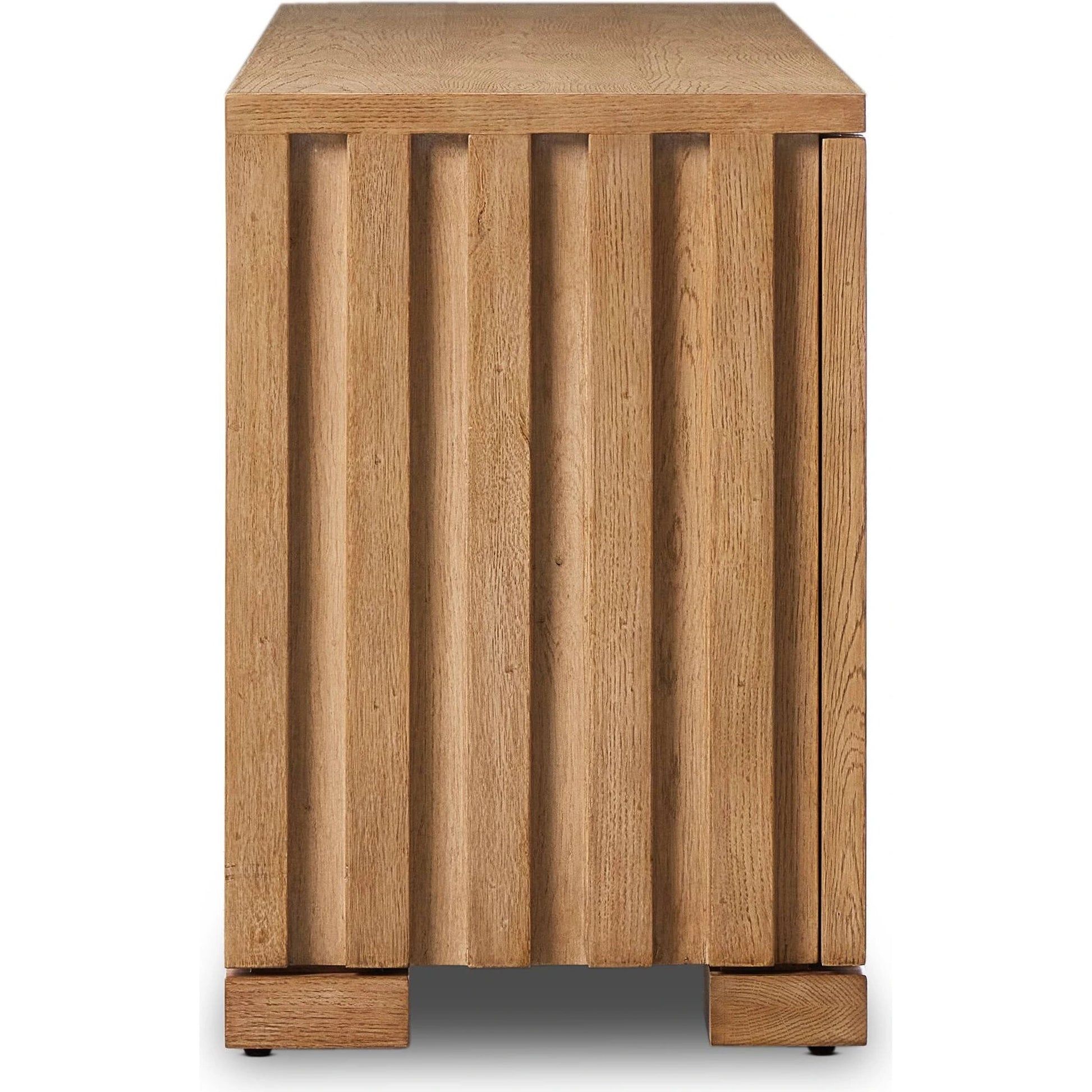 Ramos Media Console by Four Hands in bleached oak. Made from thick oak veneer, solid oak in a modern style.