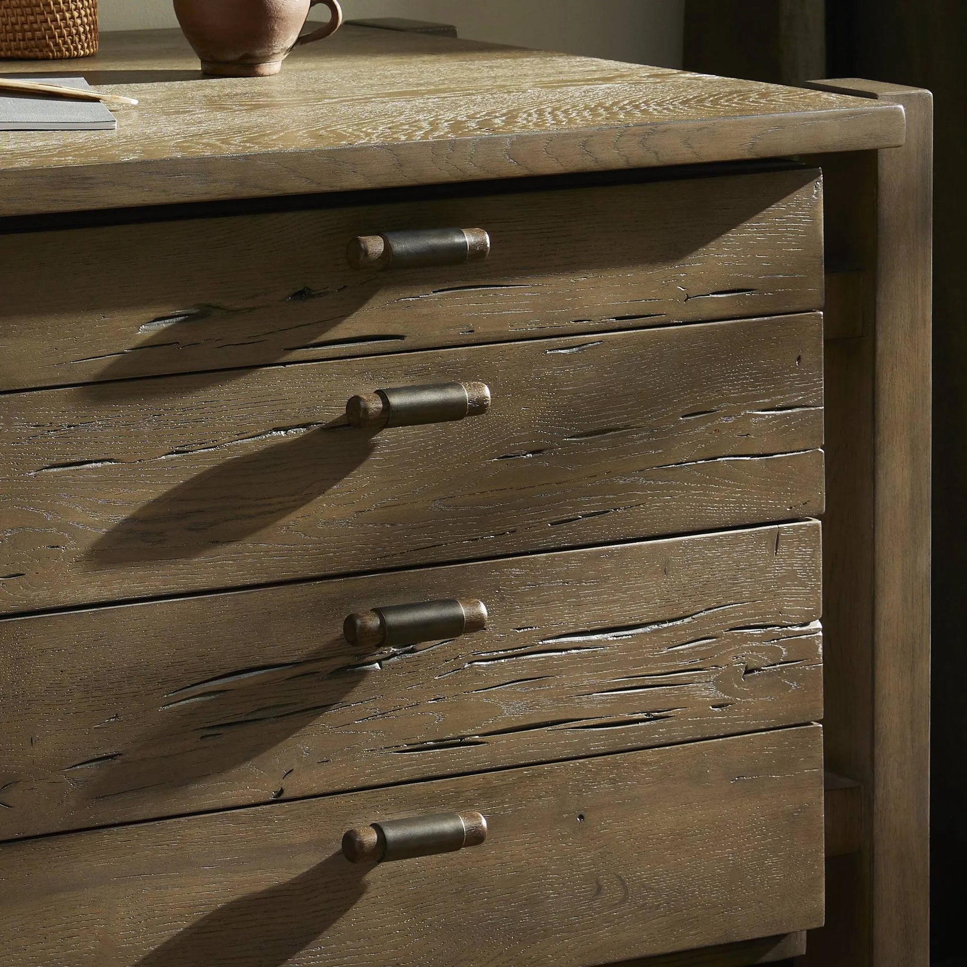 Marcela Desk by Four Hands in grey reclaimed french oak, dark brass. Made from solid reclaimed oak, brass in a modern style.