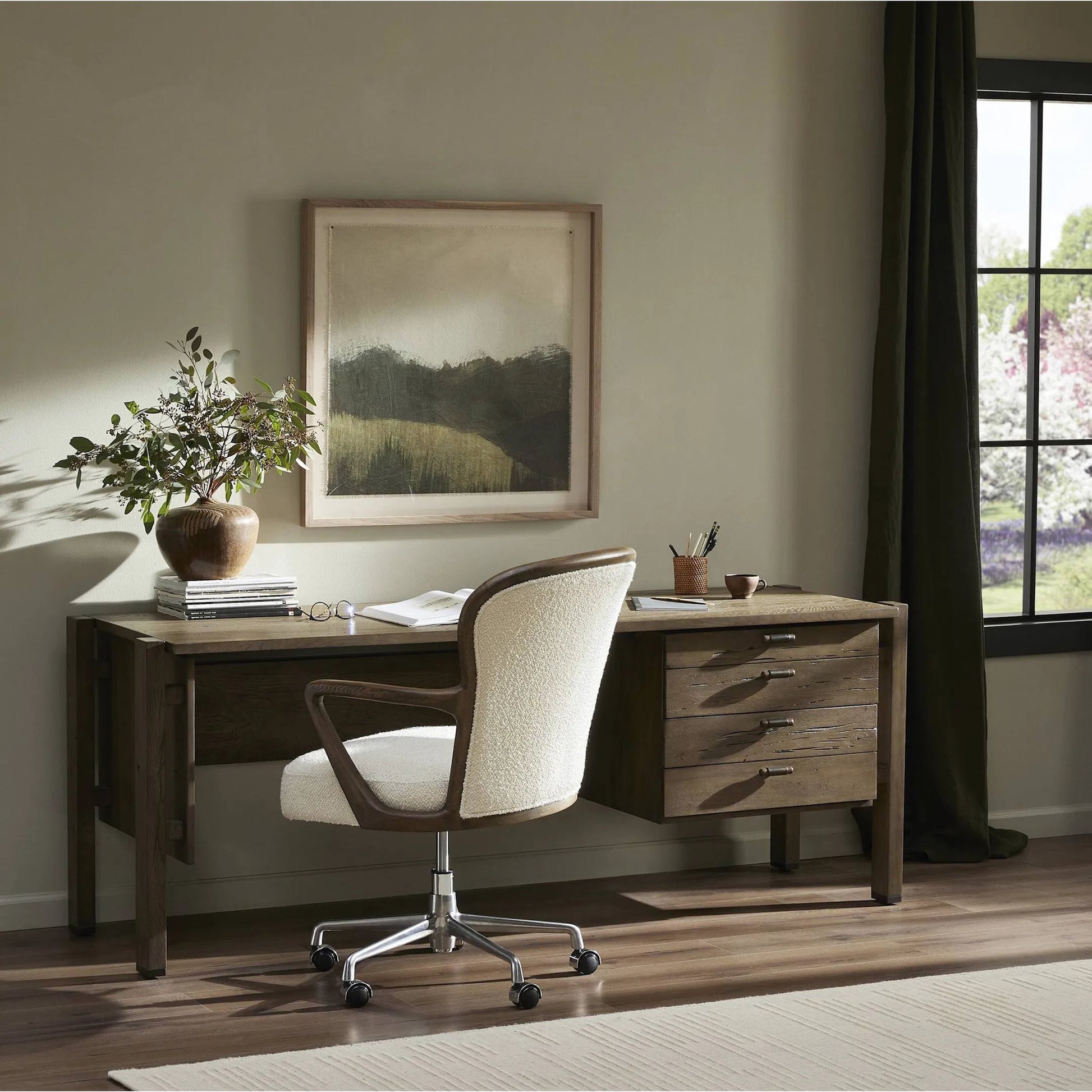 Marcela Desk by Four Hands in grey reclaimed french oak, dark brass. Made from solid reclaimed oak, brass in a modern style.